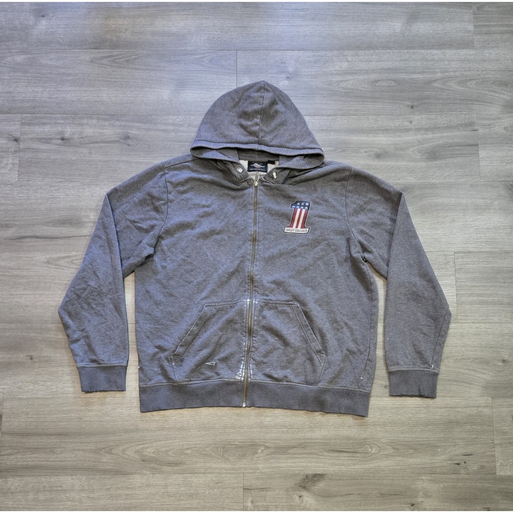 Harley-Davidson Hoodie Mens XL Gray #1 Flag Graphic Full Zip Distressed